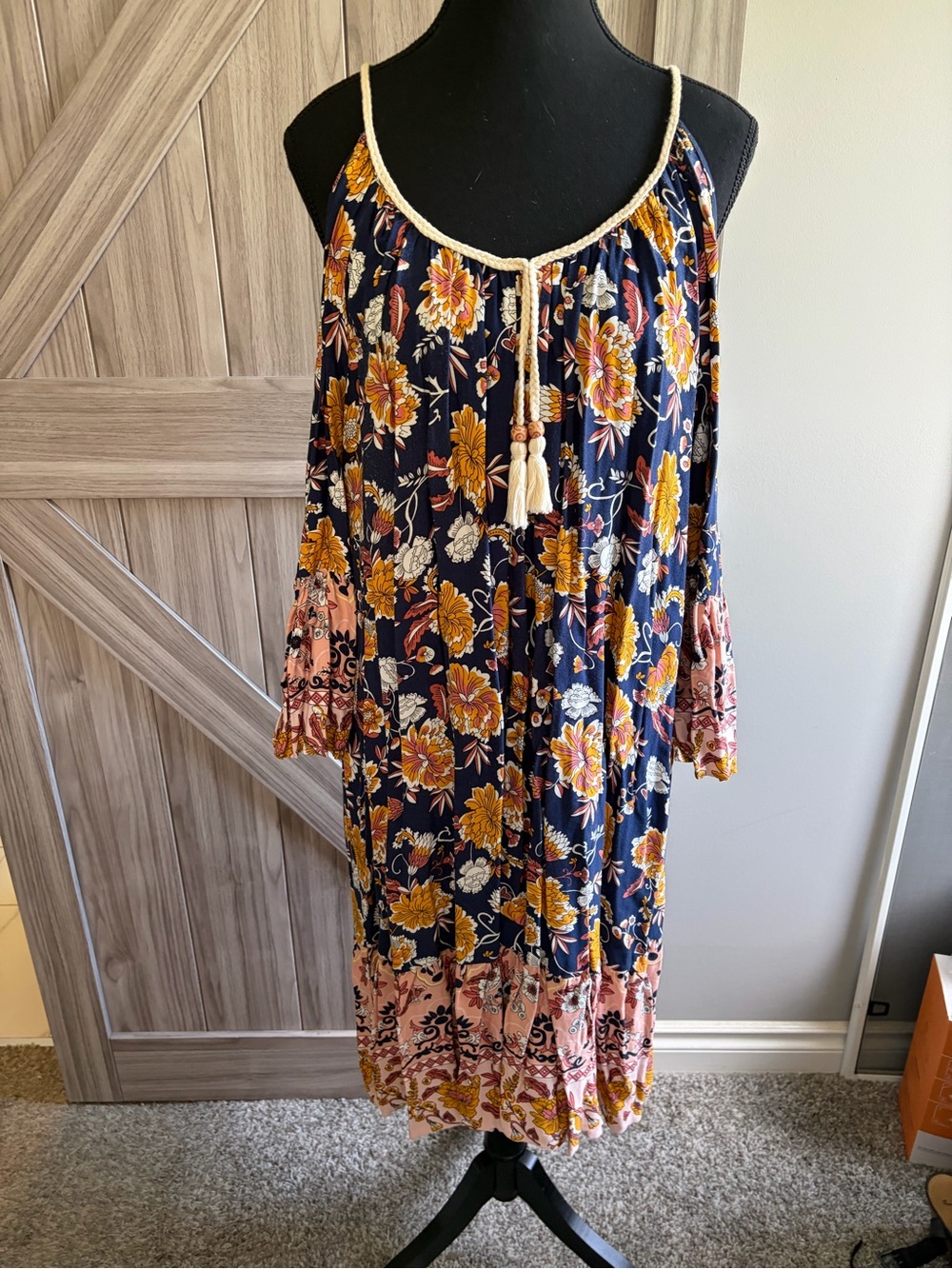 cleo Navy Floral One-Shoulder Boho Dress with Mustard and Pink Accents